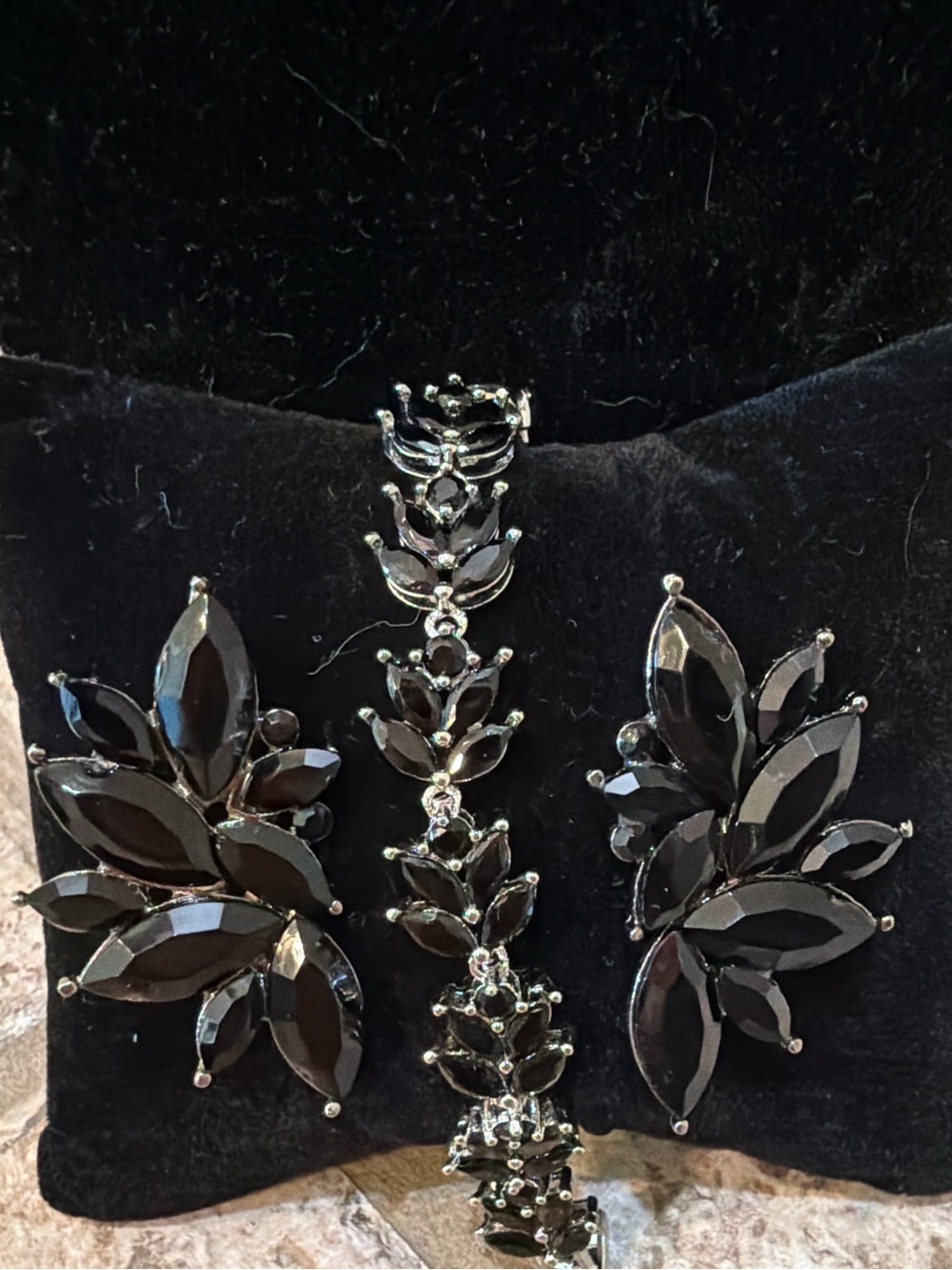 Vintage Black Rhinestone Bracelet & Earring Set Statement Jewelry